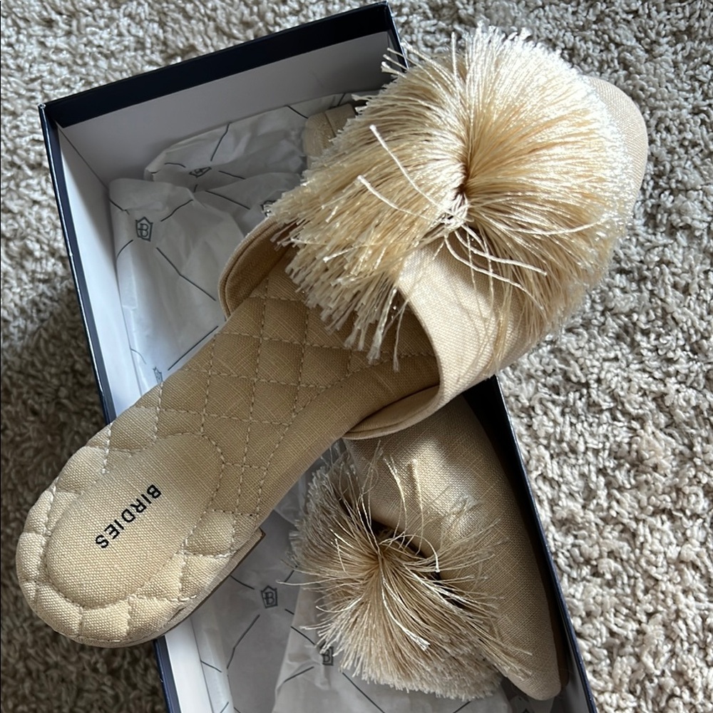 Beige Fringe Slide Sandals